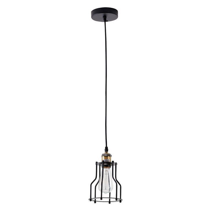 Black Cage Frame Single Pendant Light with Brass Hardware by Bethel - view 2
