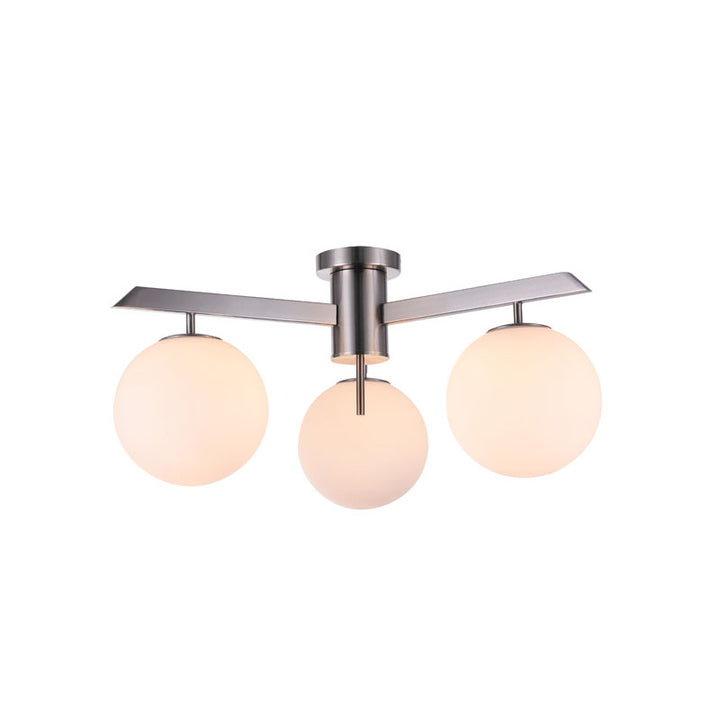 Milk White Glass Shade Semi Flush Mount with Shiny Nickel Frame by Bethel