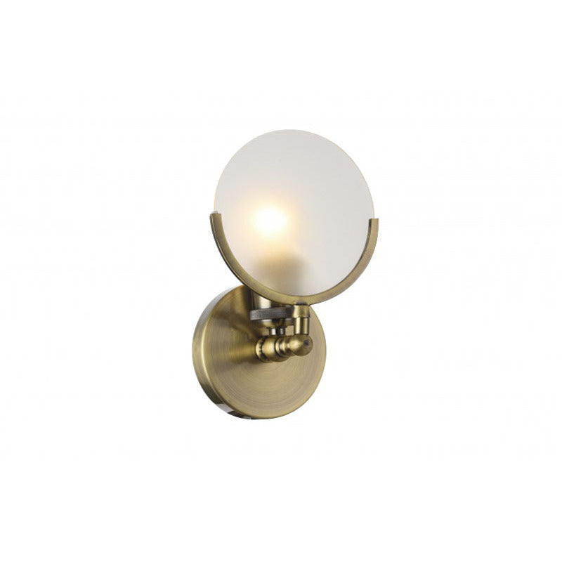 Iron Frame Wall Sconce with Round Frosted Glass Shade Back Plate in Brass by Bethel