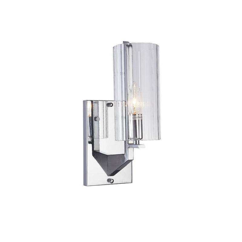 Chrome Frame Single Light Wall Sconce with Clear Glass Cylinder Shade by Bethel
