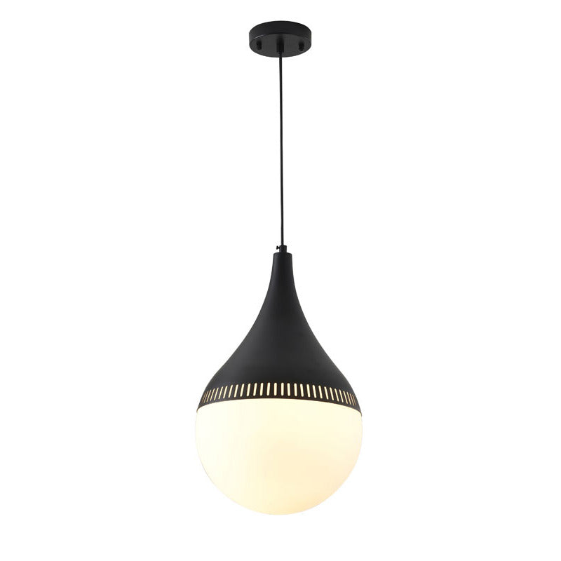 Metal Frame Single Pendant Light with Milk Glass Shade in Black by Bethel