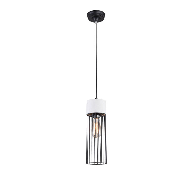 Light Grey Cement Frame Single Pendant Light with Black Metal Cage Shade by Bethel