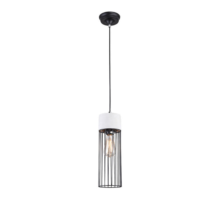 Light Grey Cement Frame Single Pendant Light with Black Metal Cage Shade by Bethel