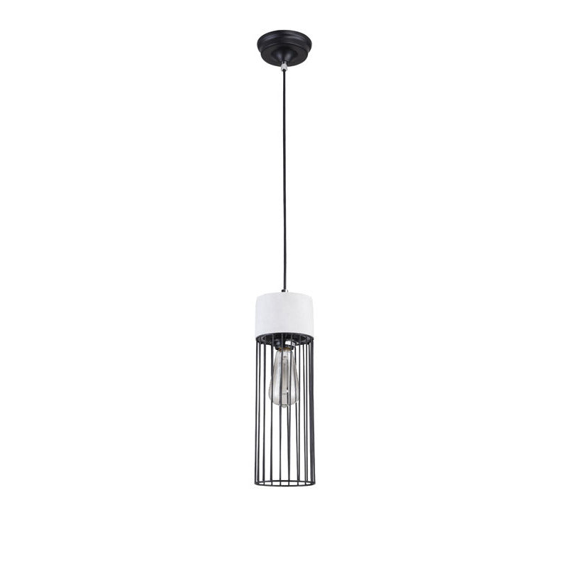 Light Grey Cement Frame Single Pendant Light with Black Metal Cage Shade by Bethel - view 2
