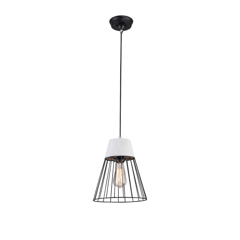 Light Grey Cement Single Pendant Light with Black Metal Cage Shade by Bethel