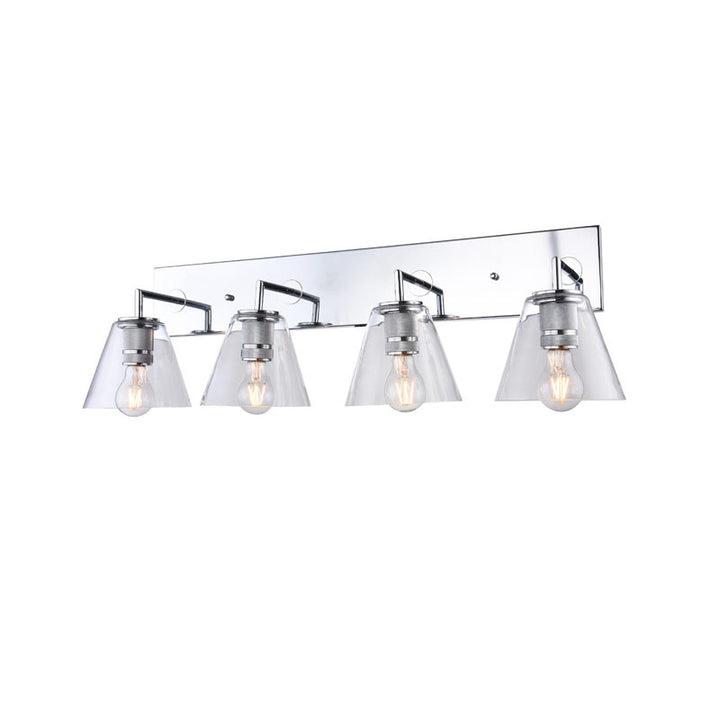 Chrome Frame Four Light Wall Sconce with Clear Glass Cone Shades by Bethel