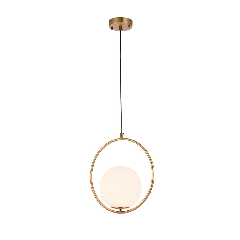 Gold Round Frame Single Pendant Light with Milk White Glass Shade by Bethel