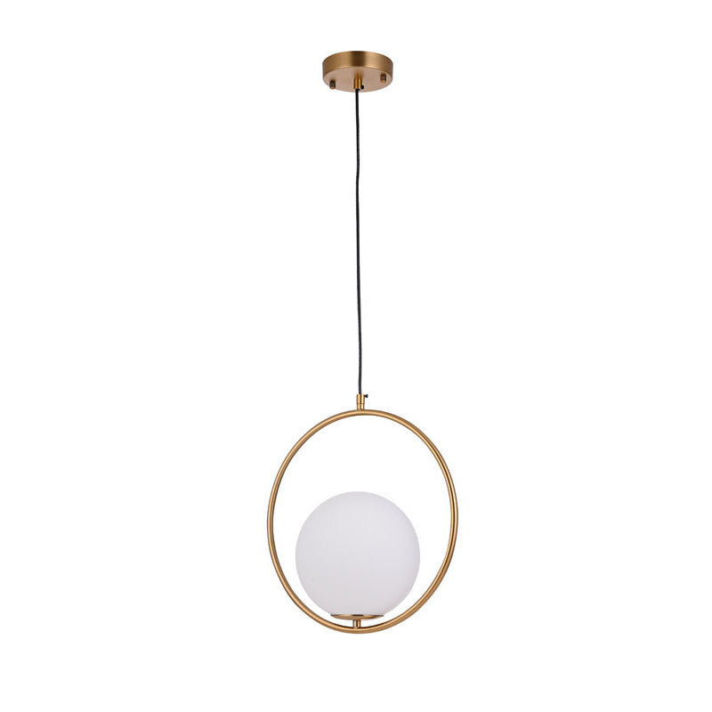 Gold Round Frame Single Pendant Light with Milk White Glass Shade by Bethel - view 2