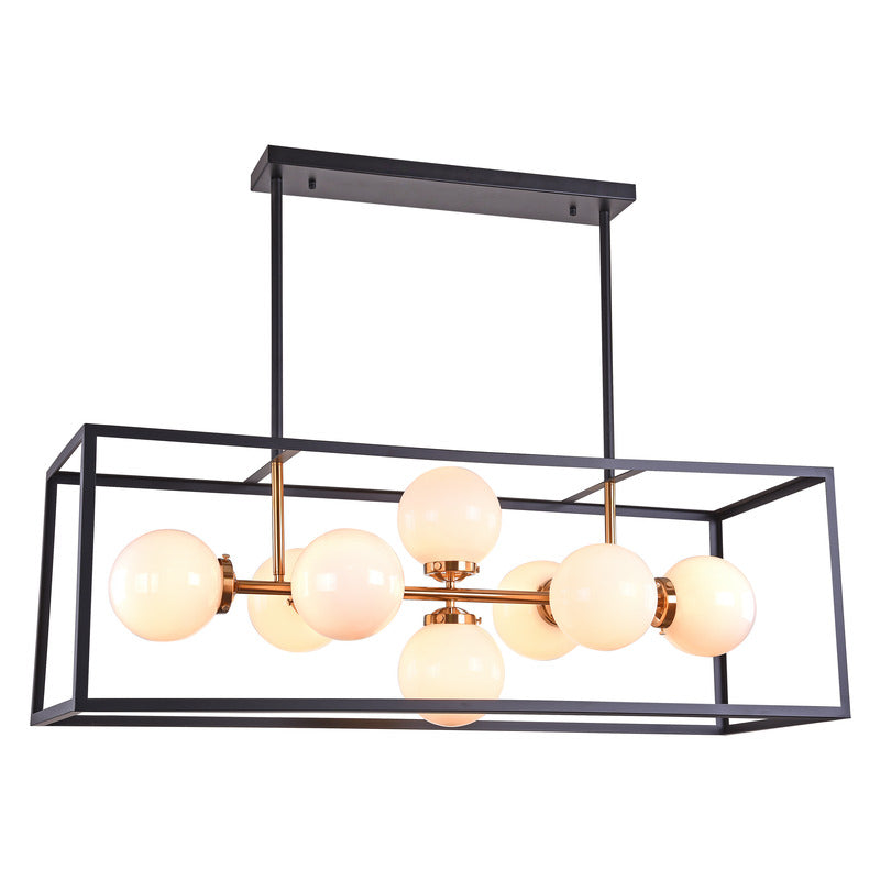 Black Rectangular Cage Frame Ceiling Fixture with Gold Hardware &amp; White Glass