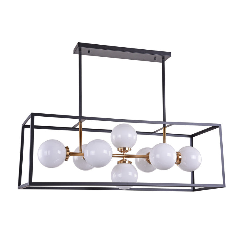 Black Rectangular Cage Frame Ceiling Fixture with Gold Hardware &amp; White Glass
