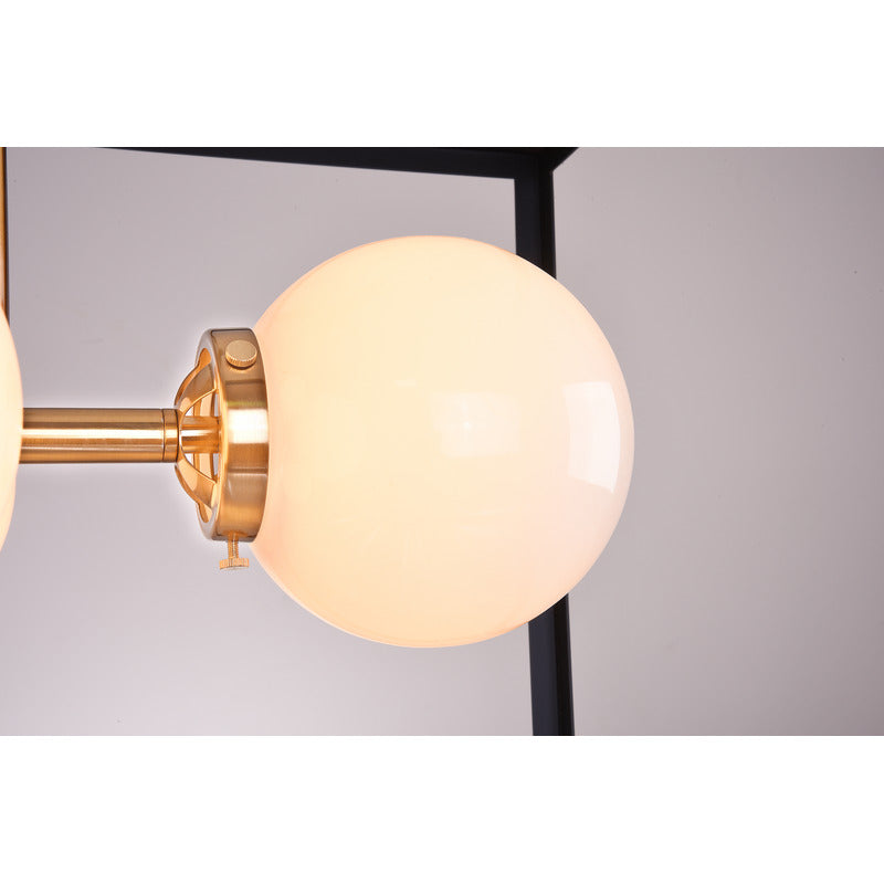 Black Rectangular Cage Frame Ceiling Fixture with Gold Hardware &amp; White Glass