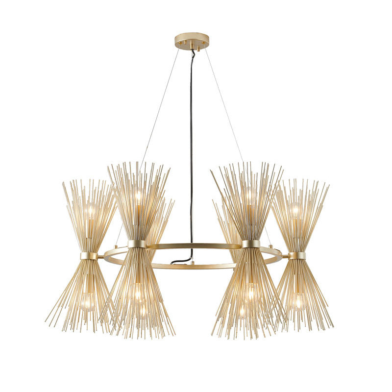 Round Gold Iron Frame Chandelier with Spiked Cone Shades by Bethel