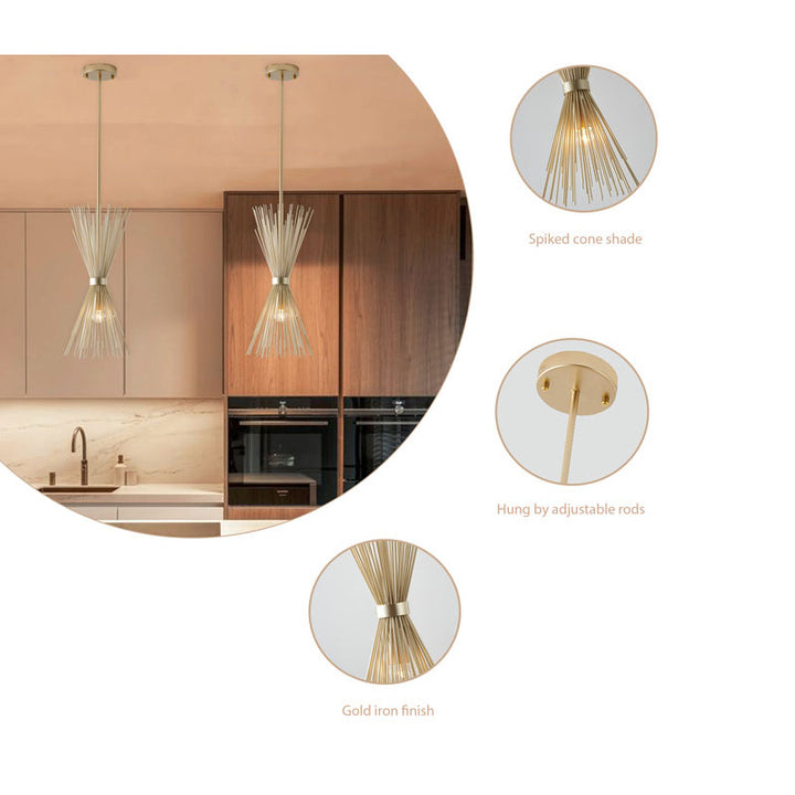 Gold Iron Pendant with Spiked Cone Shade by Bethel - view 7