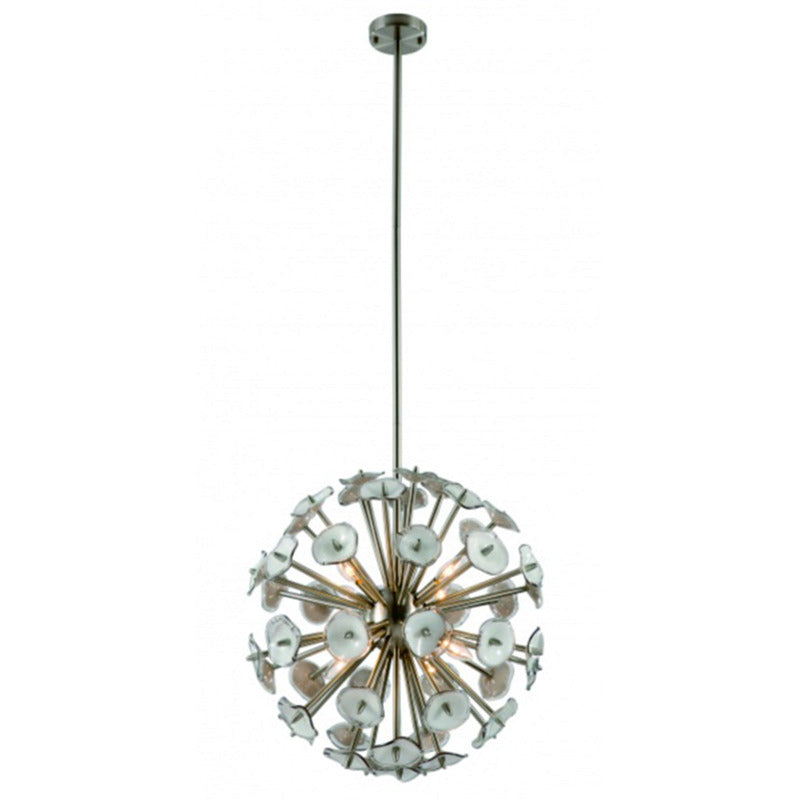 Round Satin Nickel Sputnik Frame with White and Grey Glass Flowers Chandelier by Bethel