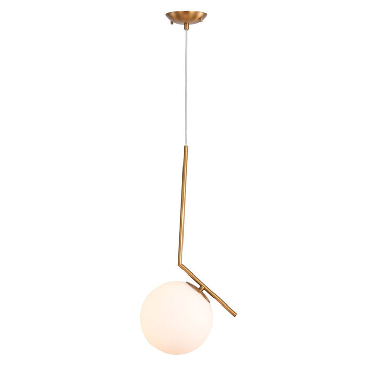 Iron Frame Single Pendant Light with Milk Glass Shade in Brass by Bethel