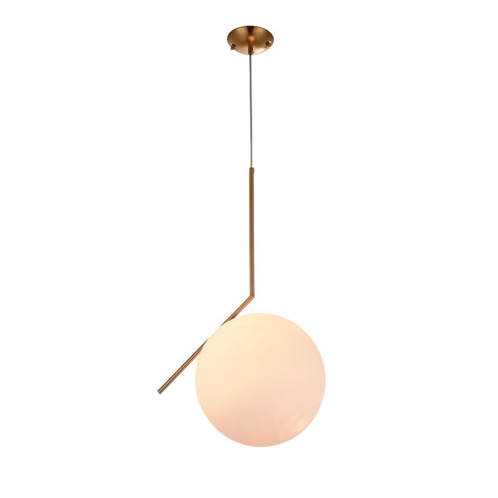 Iron Frame Single Pendant Light with Milk Glass Shade in Brass by Bethel