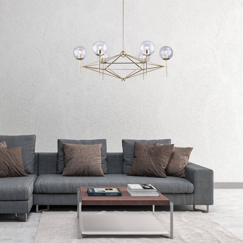 Gold Iron Frame Ceiling Fixture with Clear Glass Globe Shades by Bethel - view 2