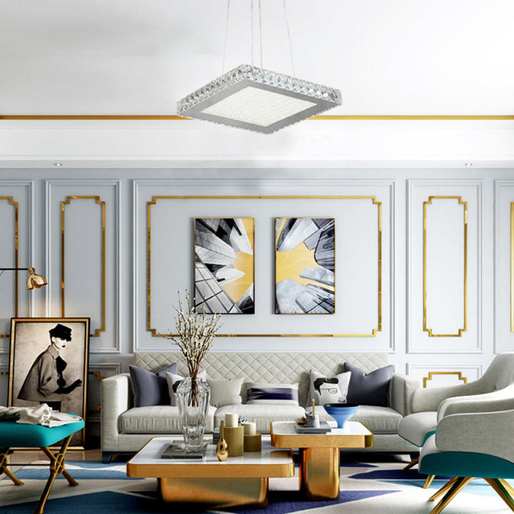 Square Clear Crystal Chandelier with Chrome Frame and Beaded Sand Glass Diffuser by Bethel - view 4