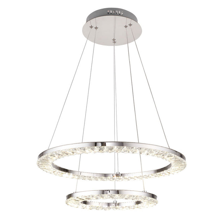 Two Tier Double Ring Clear Crystal LED Light Fixture with Chrome Stainless by Bethel