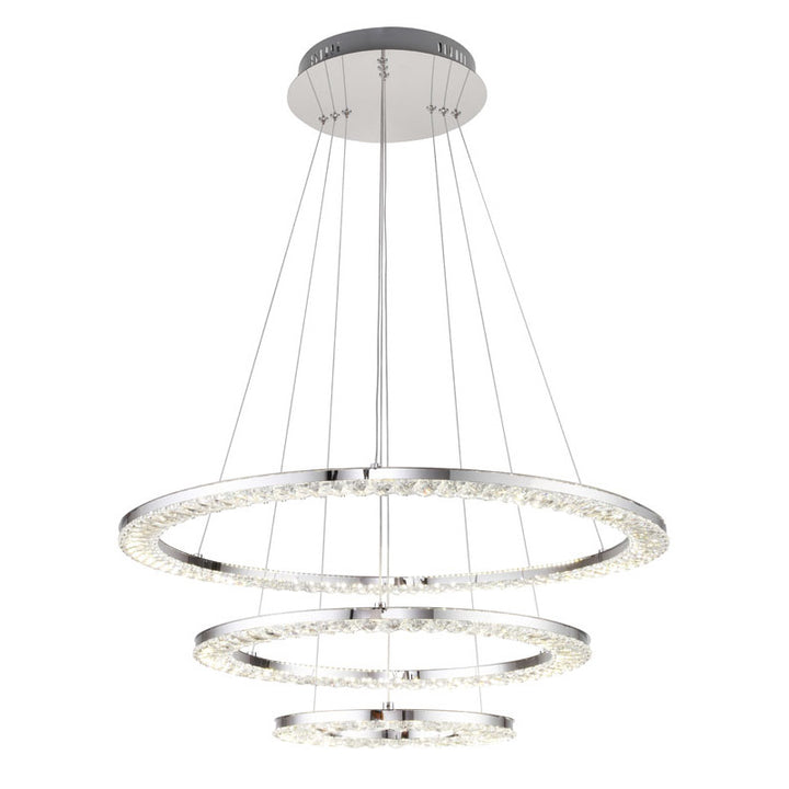 Three Tier Clear Crystal Ring LED Light Fixture with Chrome Stainless Steel by Bethel