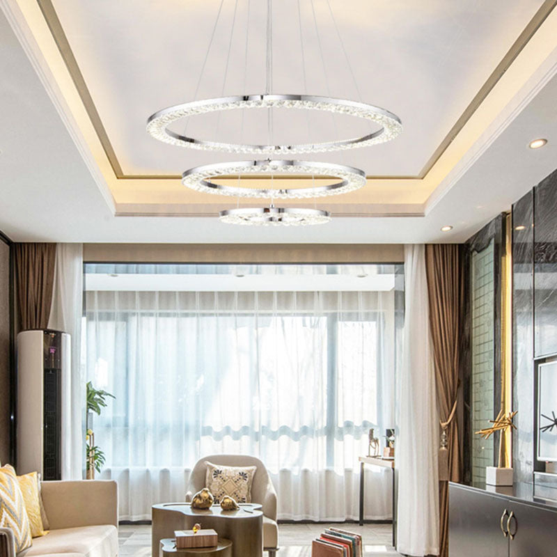 Three Tier Clear Crystal Ring LED Light Fixture with Chrome Stainless Steel by Bethel - view 4