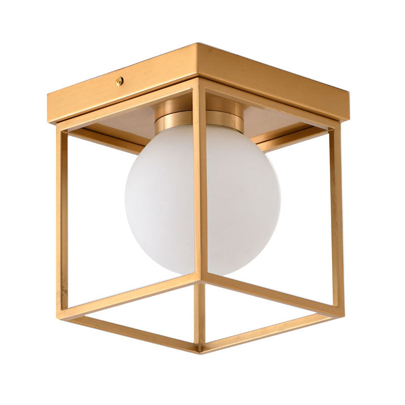 Brass Plated Semi Flush Mount with White Glass Shade by Bethel - view 2