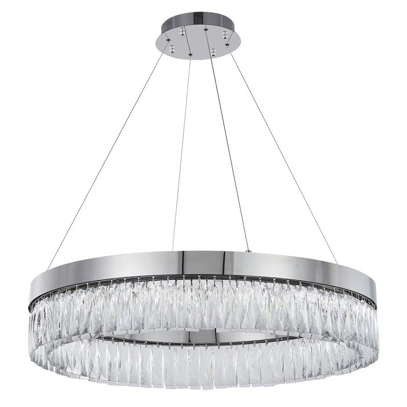 Round Frame LED Chandelier with Clear Hanging Crystals in Chrome by Bethel