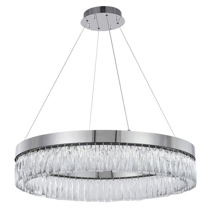 Round Frame LED Chandelier with Clear Hanging Crystals in Chrome by Bethel