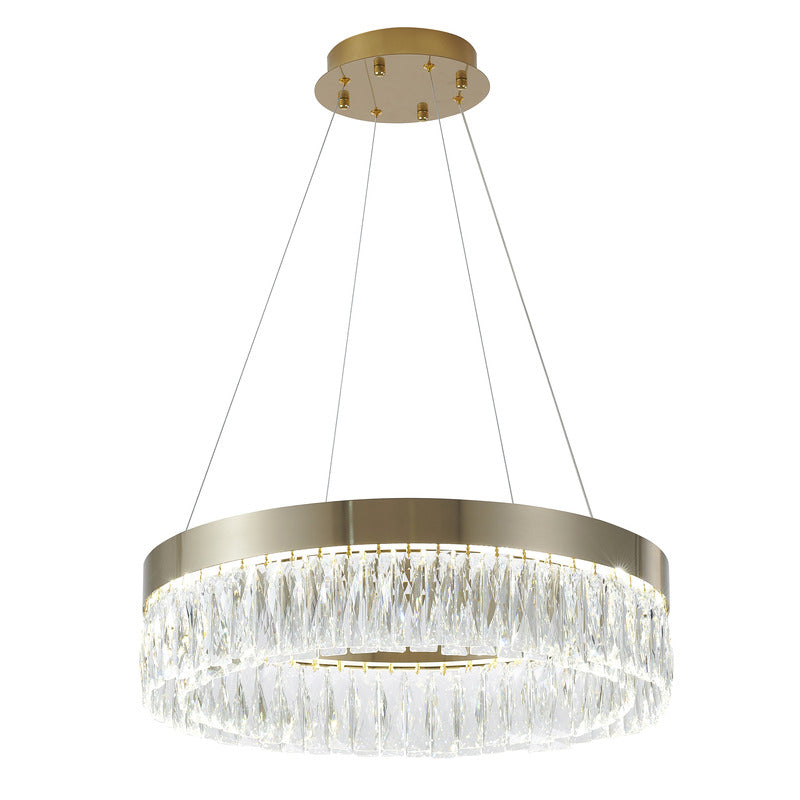 Round Frame LED Chandelier with Clear Hanging Crystals in Gold by Bethel