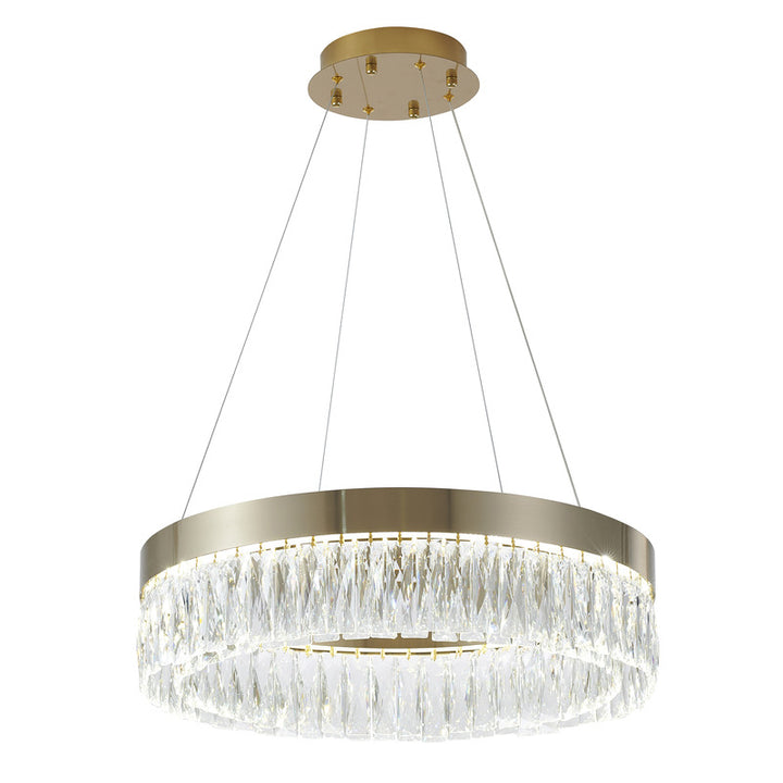 Round Frame LED Chandelier with Clear Hanging Crystals in Gold by Bethel