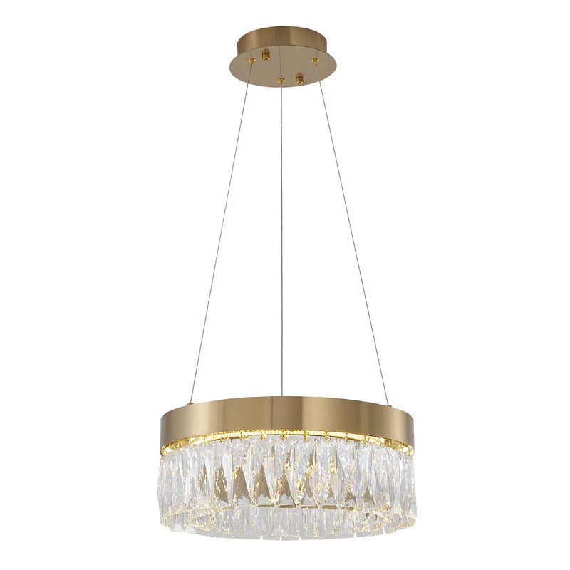 Round Frame LED Chandelier with Clear Hanging Crystals in Gold by Bethel