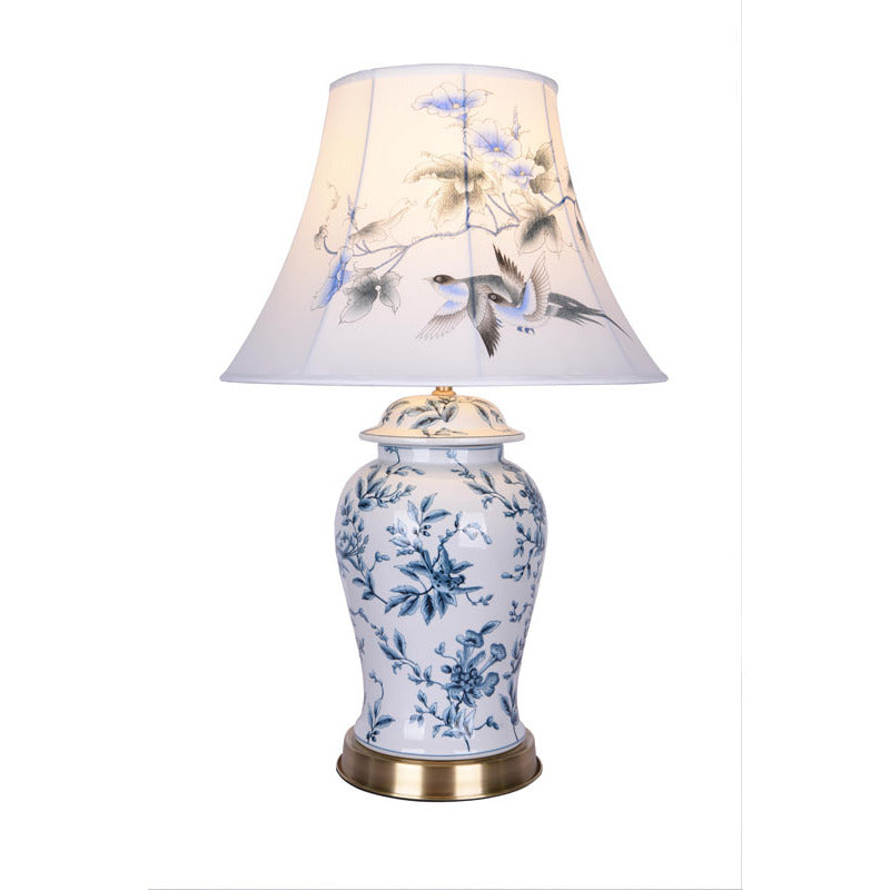 Hand Painted Blue & White Floral Porcelain Base Table Lamp with Gold by Bethel