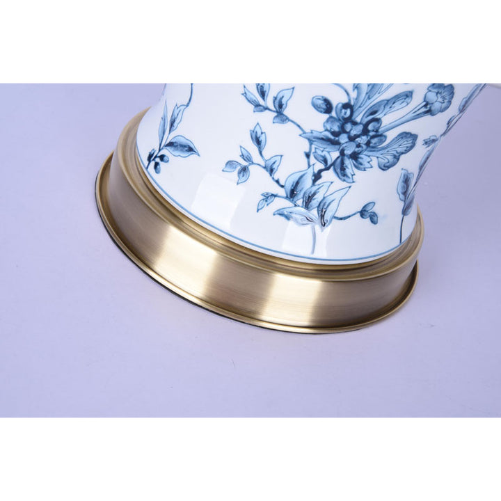 Hand Painted Blue &amp; White Floral Porcelain Base Table Lamp with Gold