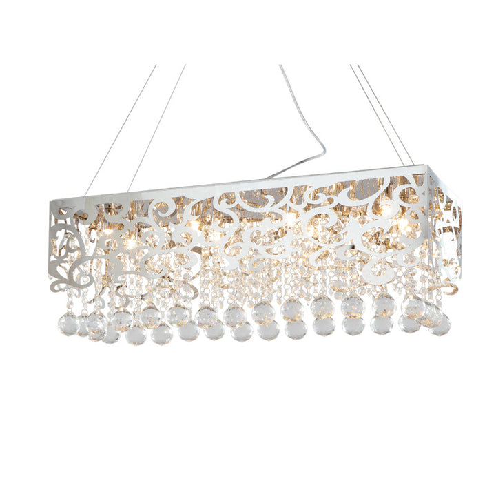 Rectangular Laser Cut Chrome Frame Chandelier with Clear Hanging Crystals by Bethel
