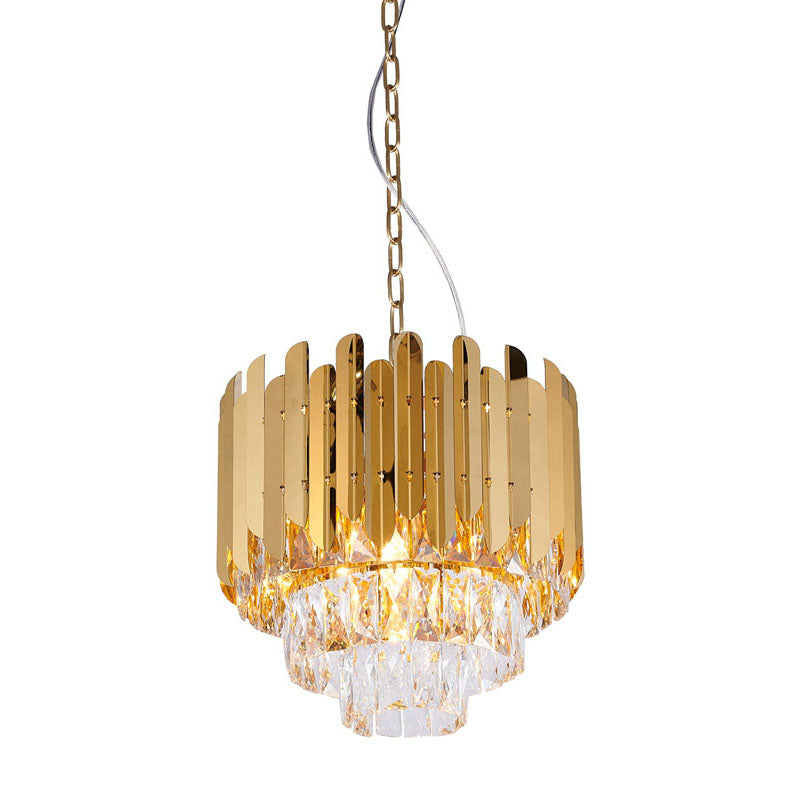 Stainless Steel Frame Chandelier with Clear Hanging Crystals in Gold by Bethel