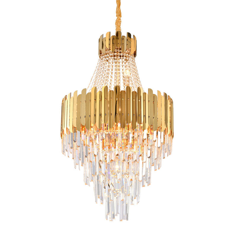 Stainless Steel Frame Chandelier with Clear Hanging Crystals in Gold by Bethel