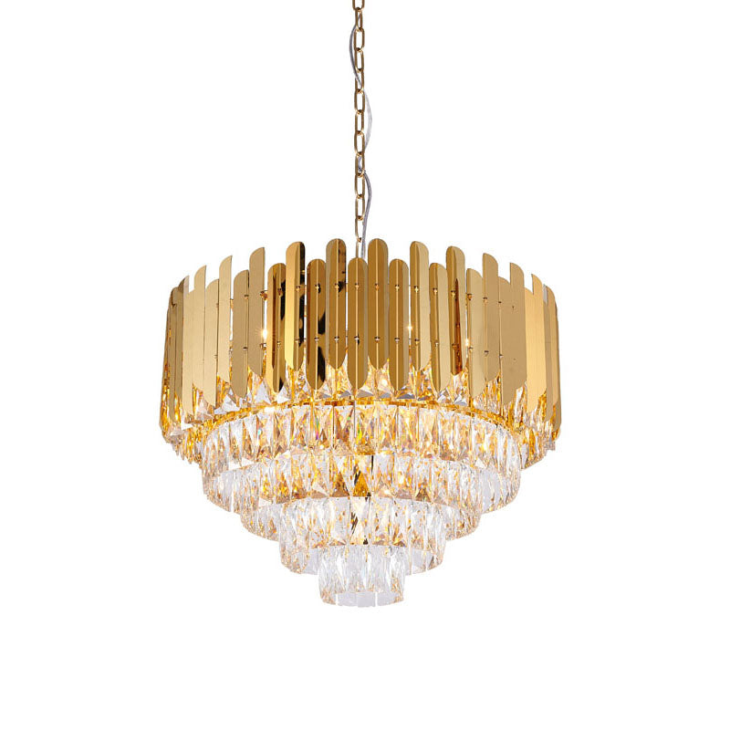 Stainless Steel Frame Chandelier with Clear Hanging Crystals in Gold by Bethel