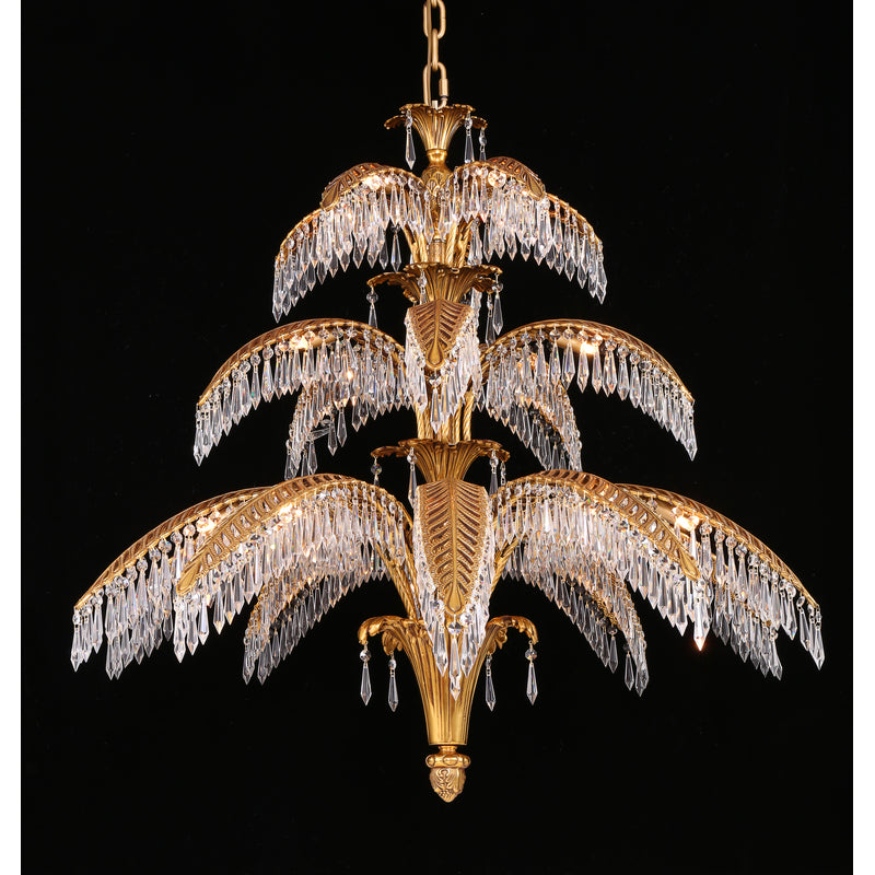 Three Tier Solid Copper Palm Tree Frame Chandelier with Clear Hanging Prism by Bethel