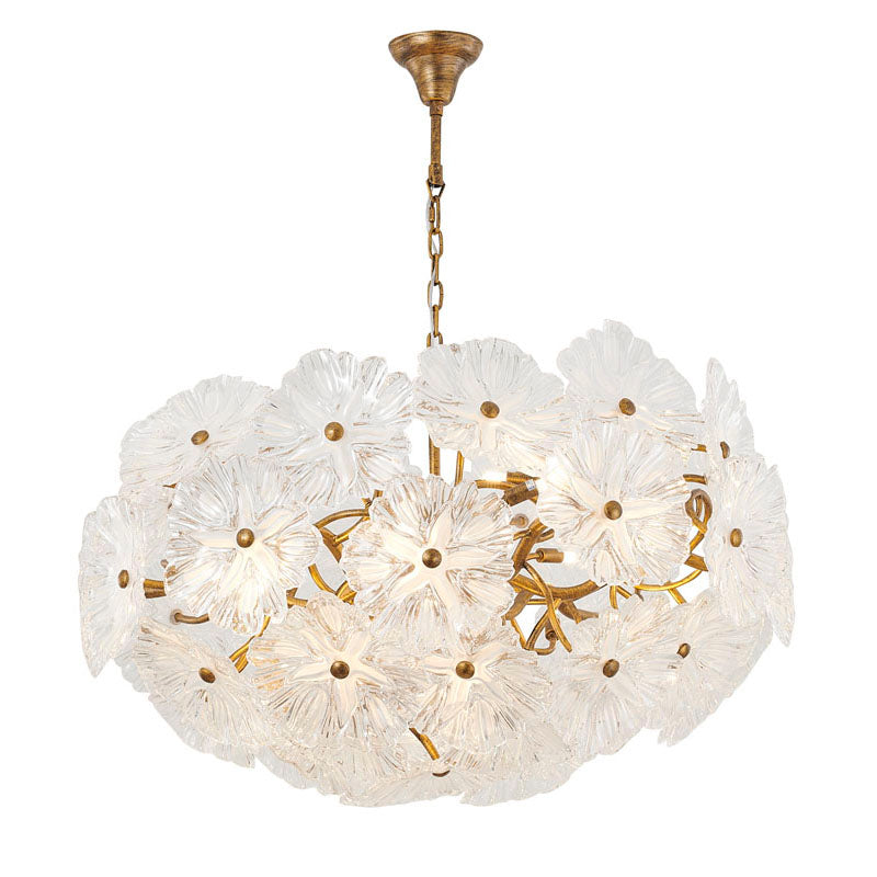 Antique Bronze Iron Frame Chandelier with Clear Handblown Glass Flowers by Bethel