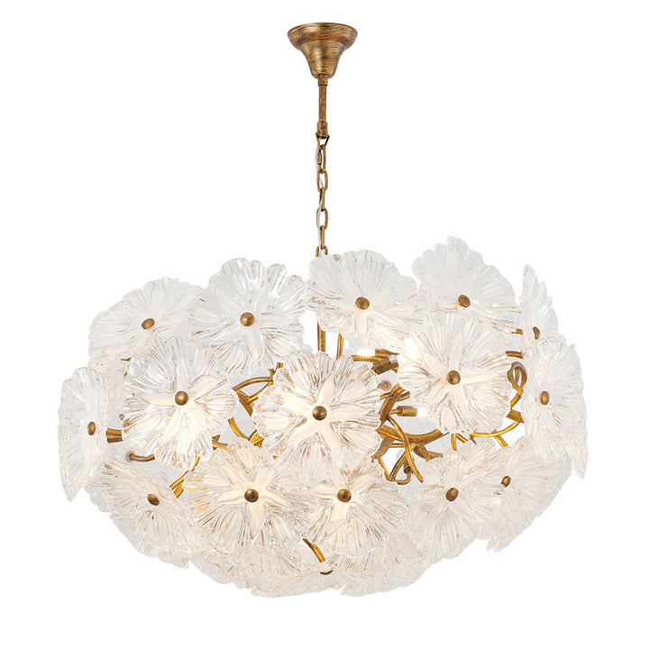 Antique Bronze Iron Frame Chandelier with Clear Handblown Glass Flowers by Bethel
