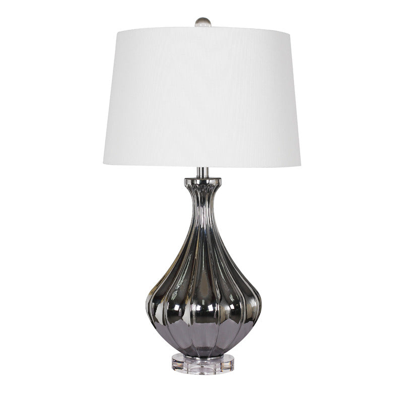 Metalic Chrome Glass Table Lamp with White Shade and Crystal Base "