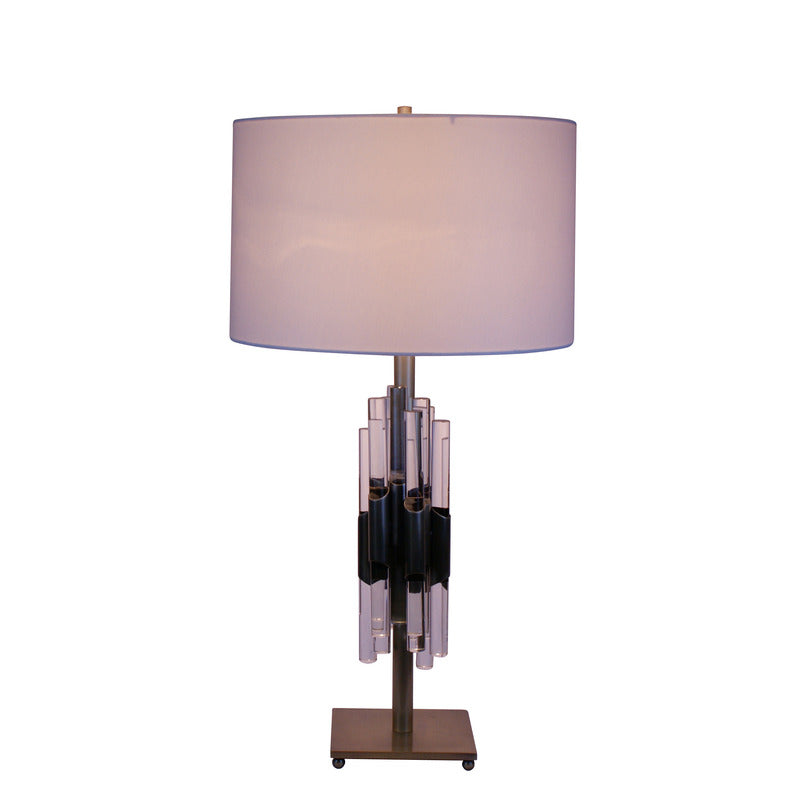 Antique Brass Metal Frame Table Lamp with Clear Crystals and Drum Shade by Bethel