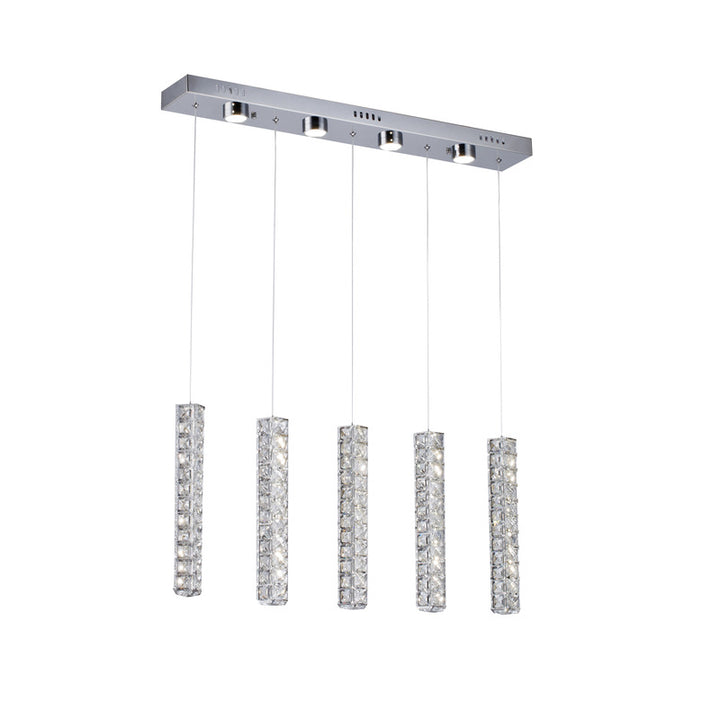 Triple Sided Clear Crystal Island Light with Five Hanging Pendants &amp; Chrome