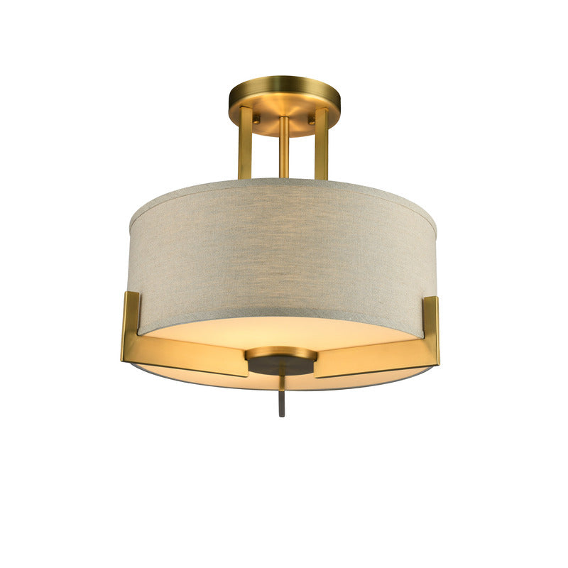 Antique Brass Hairlined Semi Flush Mount with Natural Linen Drum Shade Not