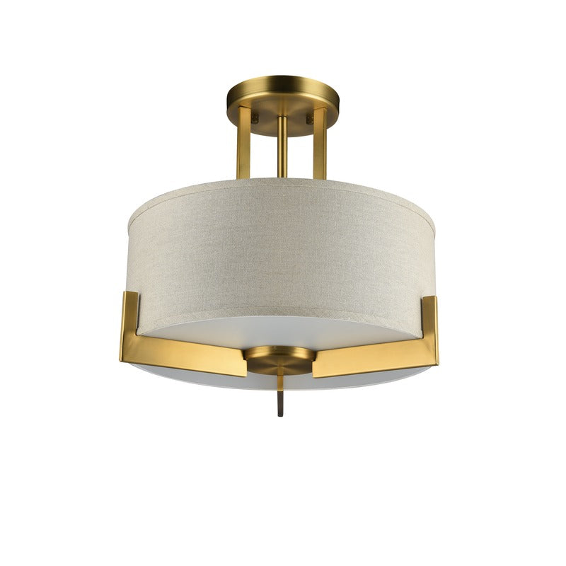 Antique Brass Hairlined Semi Flush Mount with Natural Linen Drum Shade Not