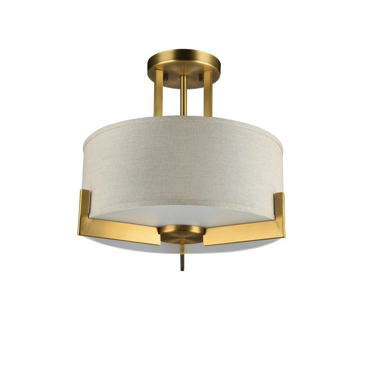 Antique Brass Hairlined Semi Flush Mount with Natural Linen Drum Shade Not