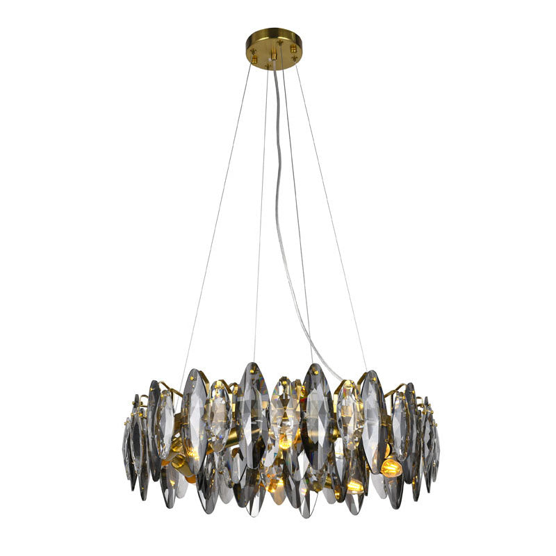 Round Brass Frame Chandelier with Clear &amp; Smoke Crystals