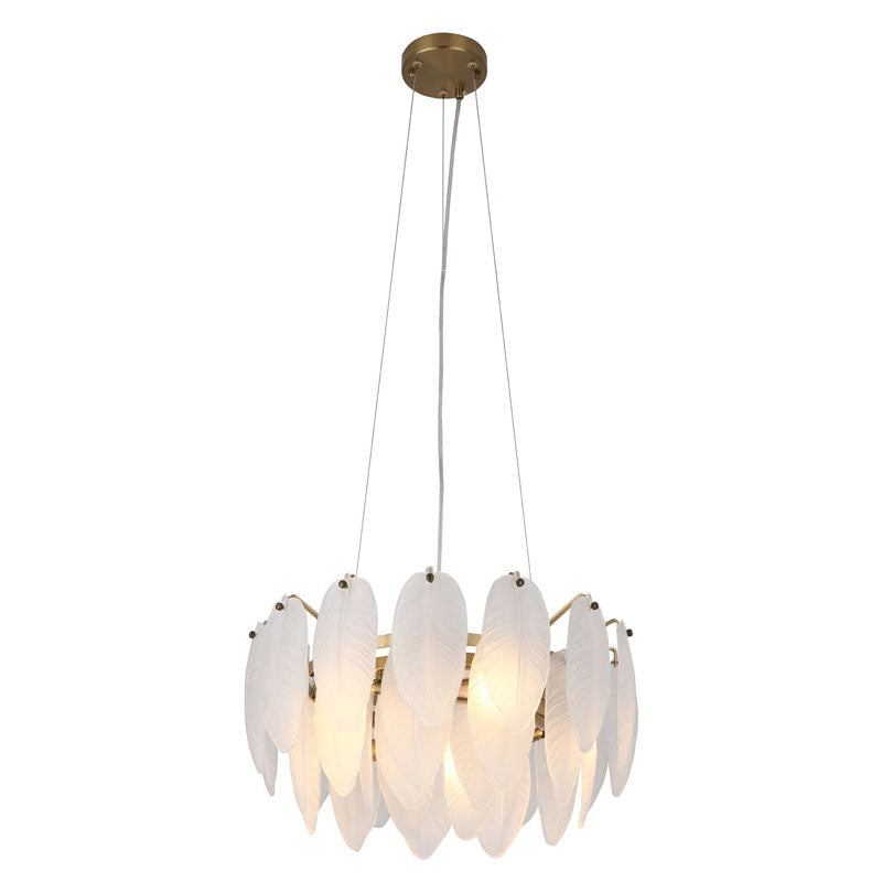 Round Frame Chandelier with Hanging Frosted Glass Leafs, 17.7", by Bethel