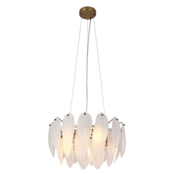 Round Frame Chandelier with Hanging Frosted Glass Leafs, 17.7", by Bethel