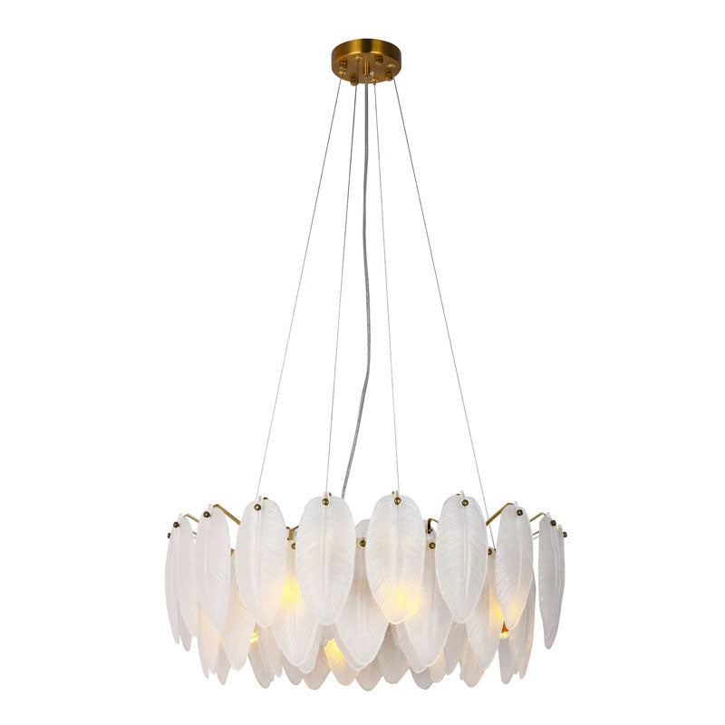 Round Frame Chandelier with Hanging Frosted Glass Leafs, 23.6", by Bethel